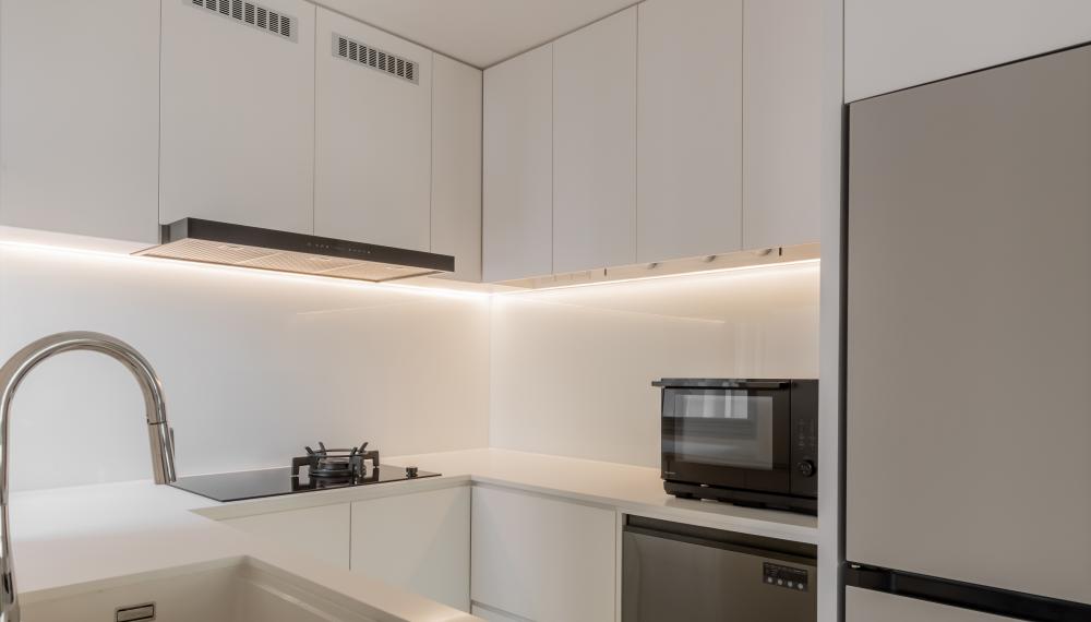 Minimalist Kitchen with Countertop and Homogeneous Tiles