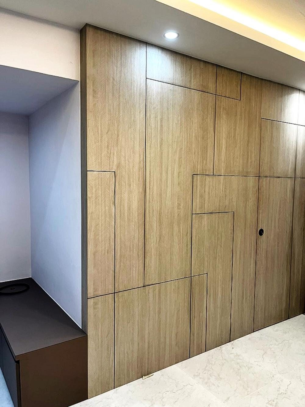 Modern Entryway with Feature Wall and Seating Bench