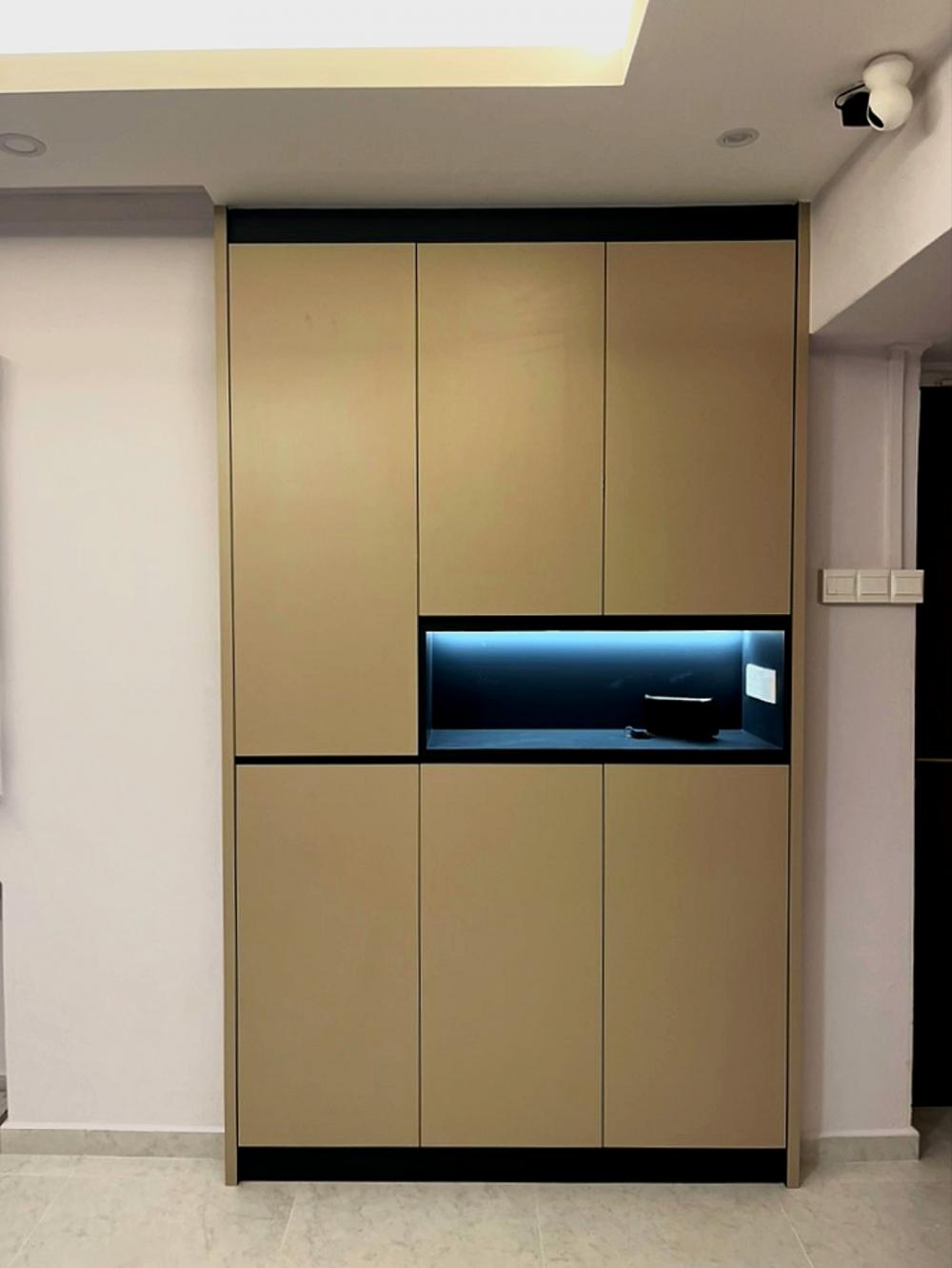 Modern Living Room with Homogeneous Tiles and Feature Wall