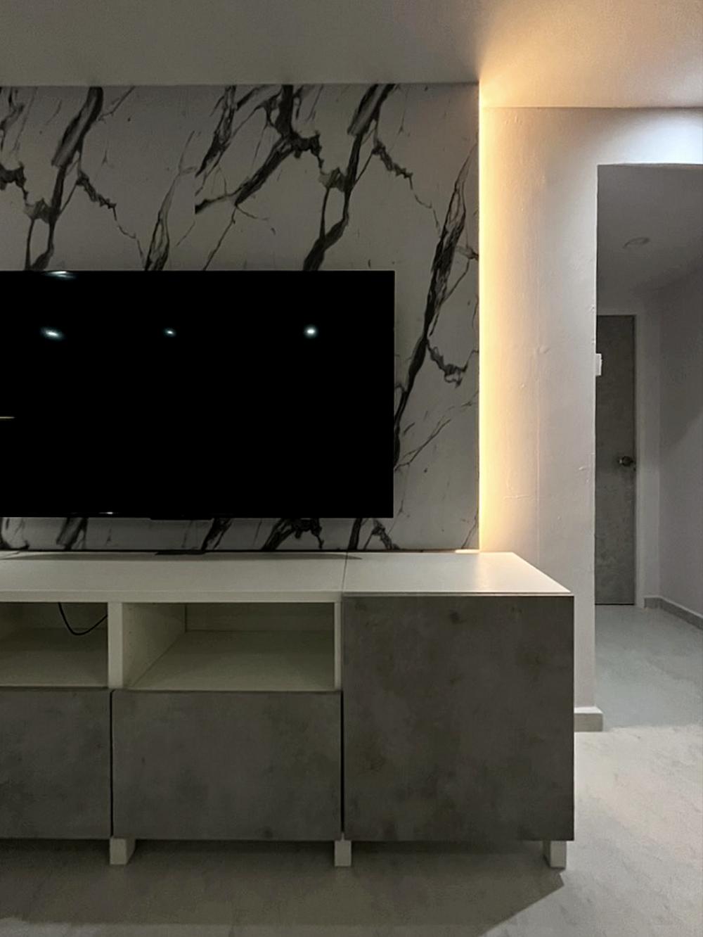 Modern Living Room with Homogeneous Tiles and TV Console