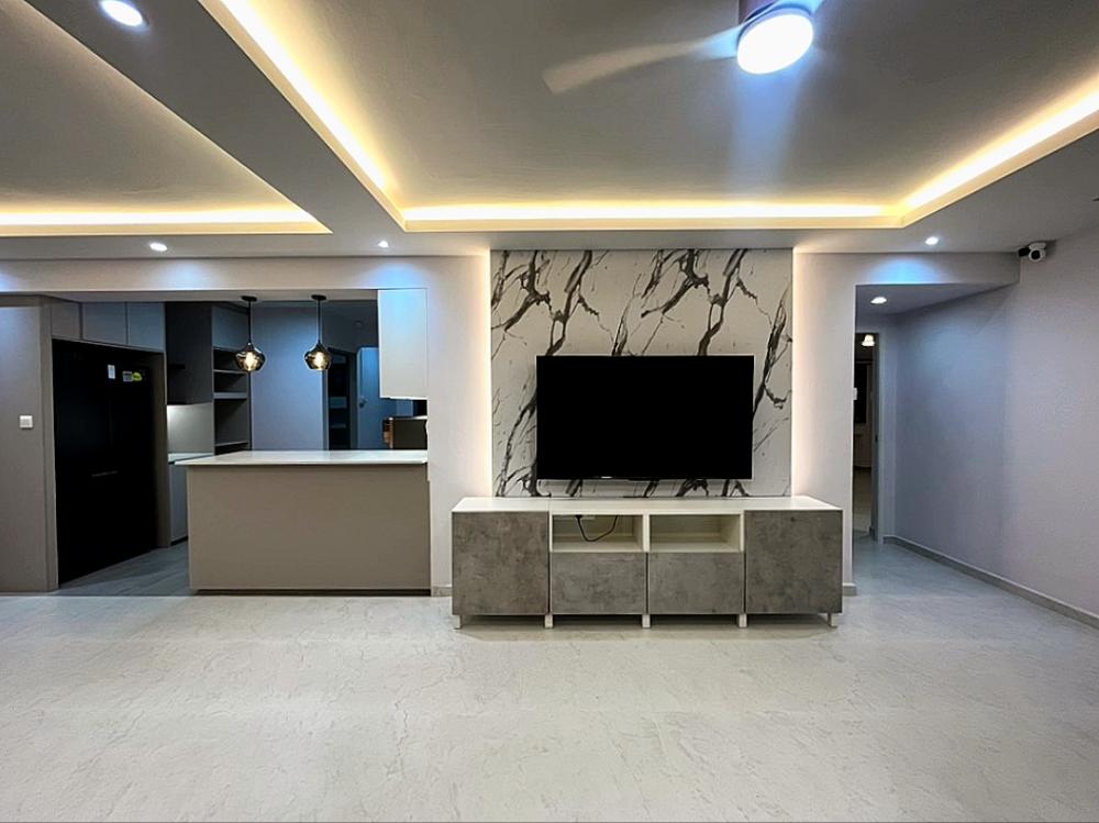 Modern Living Room with Homogeneous Tiles and TV Console