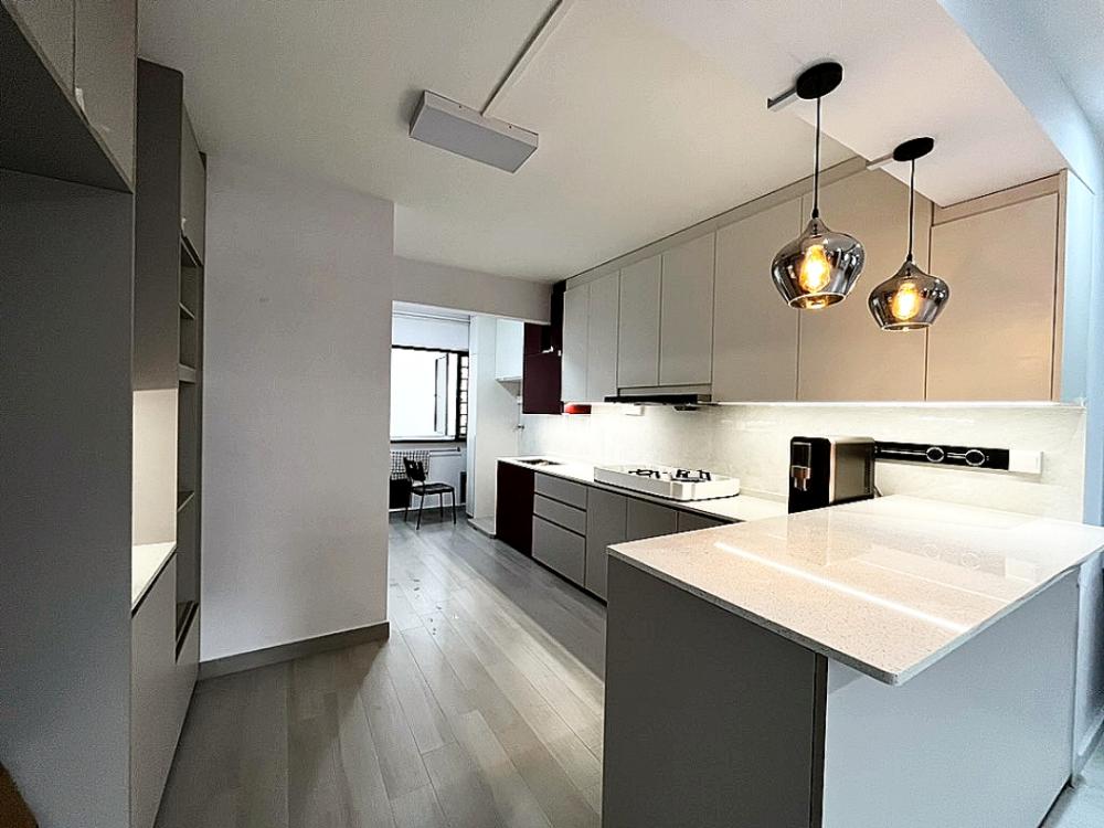 Modern Kitchen with Countertop and Homogeneous Tiles