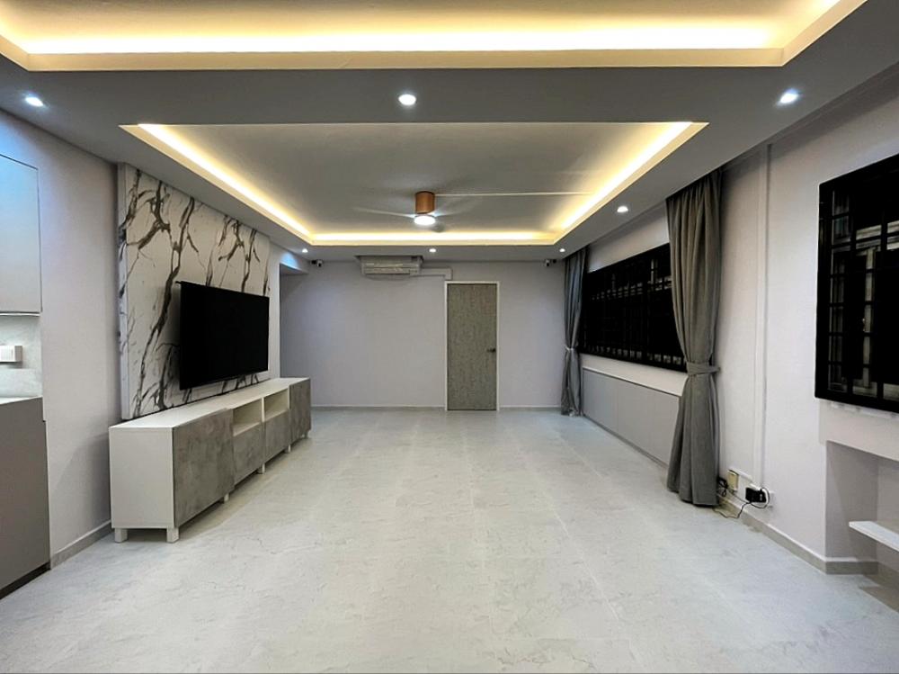 Modern Living Room with TV Console and Cove Lighting