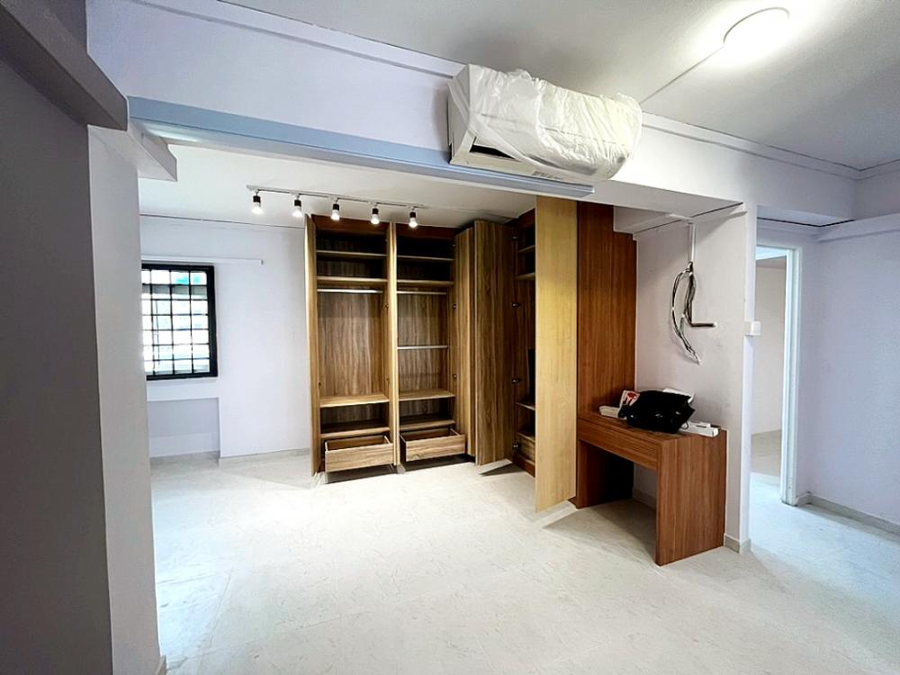 Modern Bedroom with Homogeneous Tiles and Ceiling Light