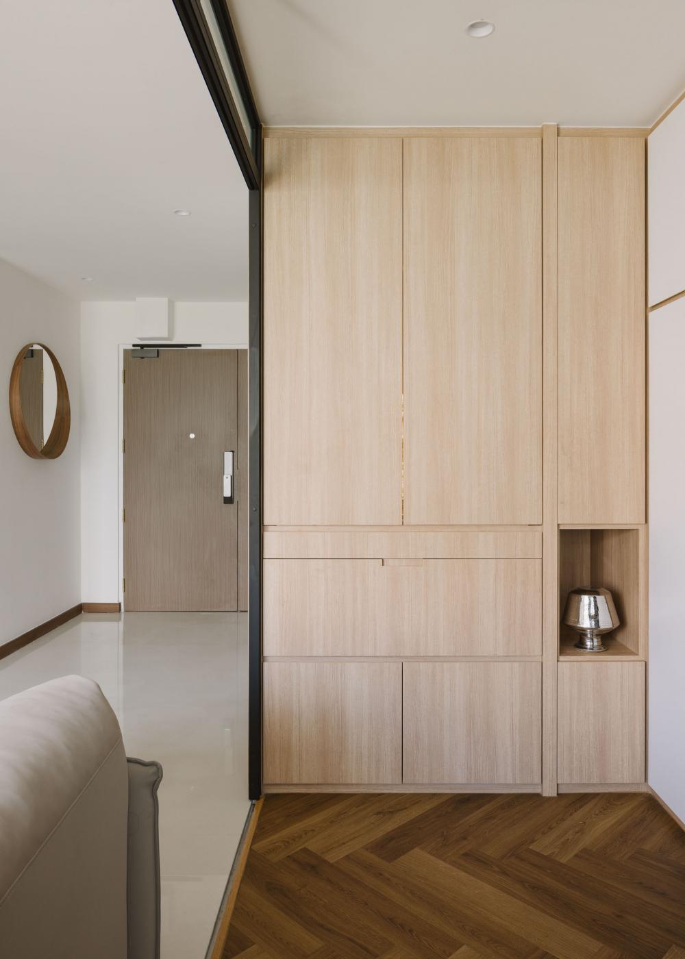 Contemporary Study with Herringbone Tiling and Wood Flooring
