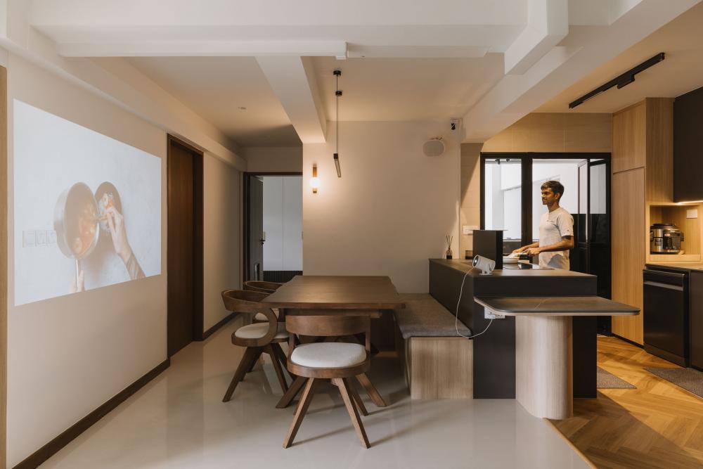 Contemporary Kitchen with Herringbone Tiling and Wood Flooring