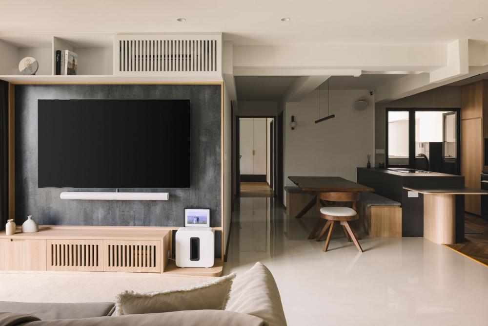 Contemporary Living Room with TV Console and Feature Wall