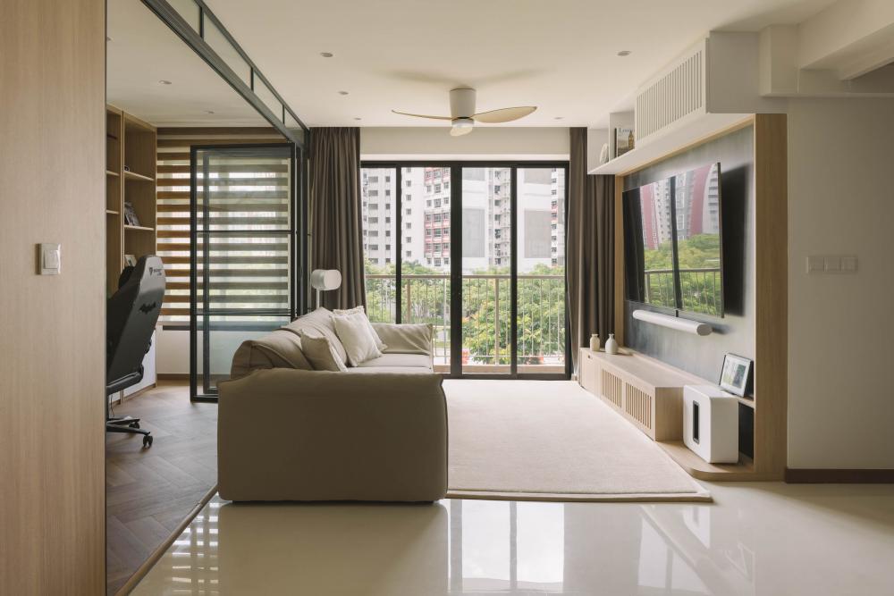 Contemporary Living Room with TV Console and Feature Wall