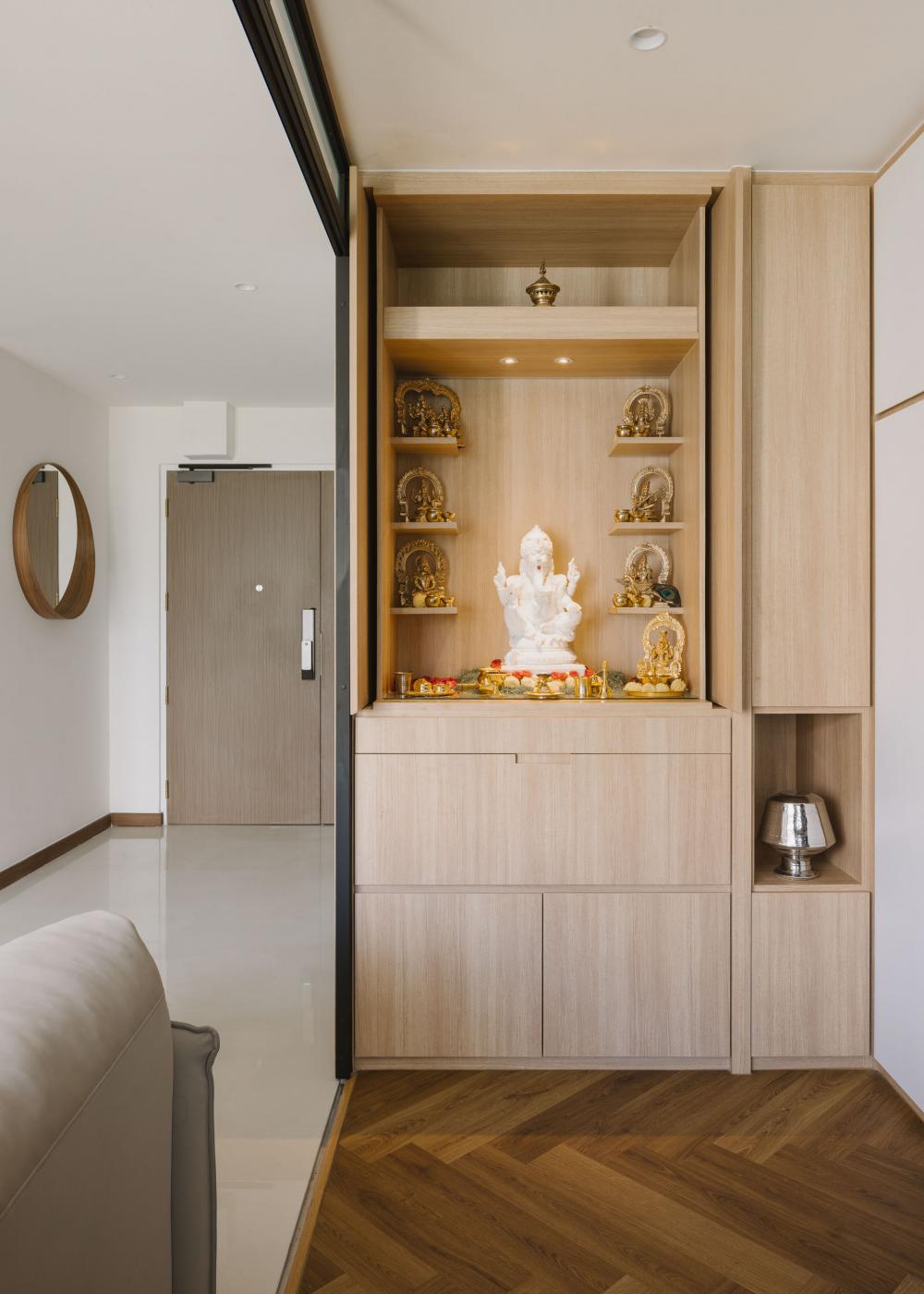 Contemporary Study with Herringbone Tiling and Wood Flooring