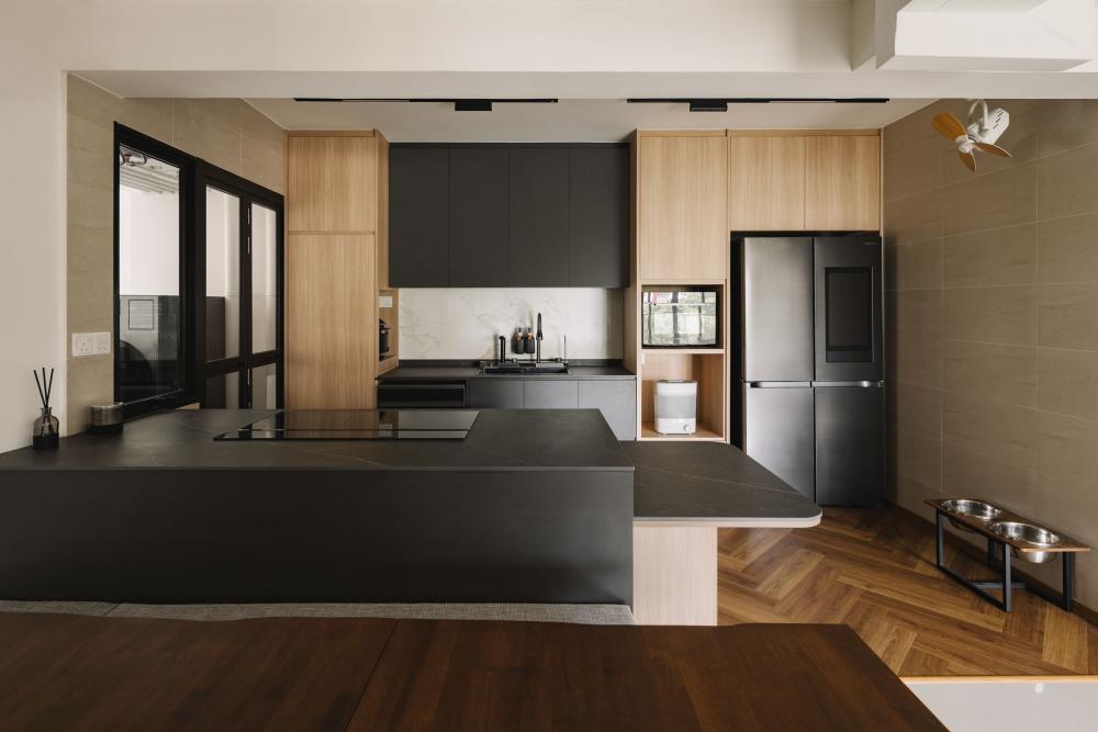 Contemporary Kitchen with Herringbone Tiling and Wood Flooring