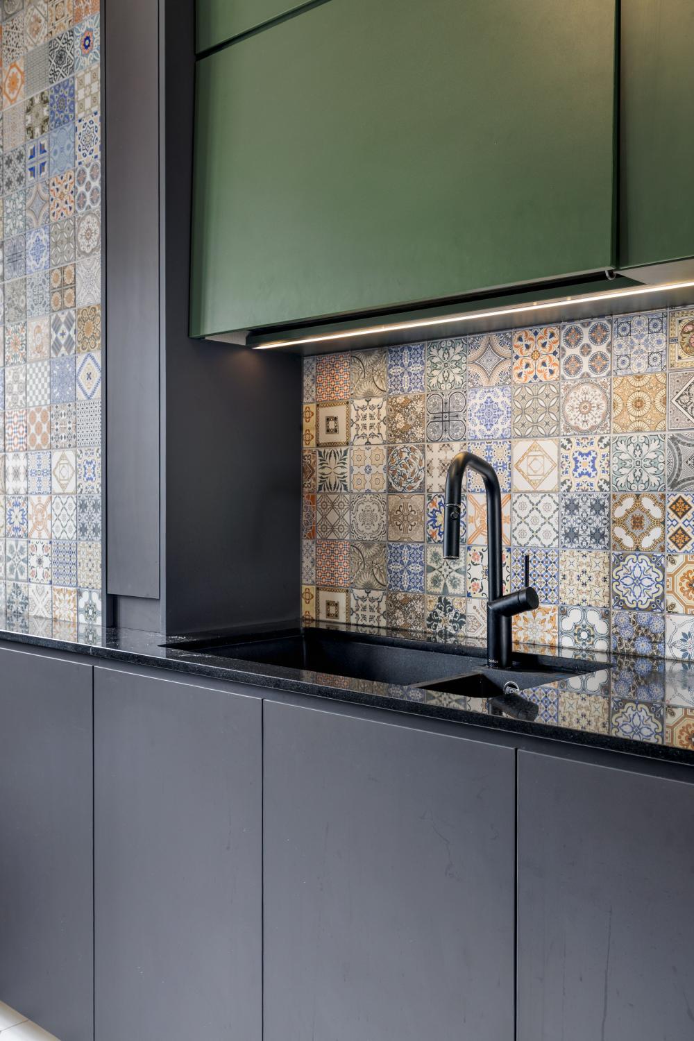 Asian Kitchen with Countertop and Homogeneous Tiles