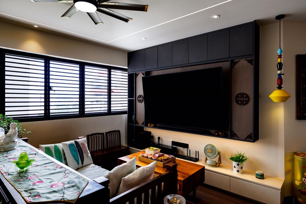 Asian Living Room with TV Console and Sofa
