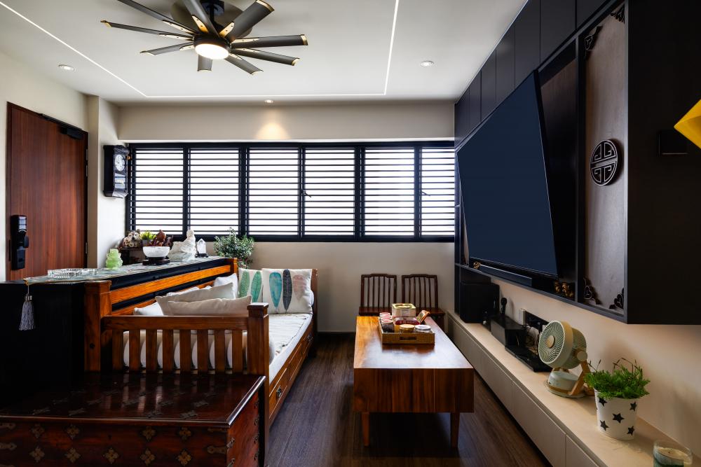 Asian Living Room with Coffee Table and TV