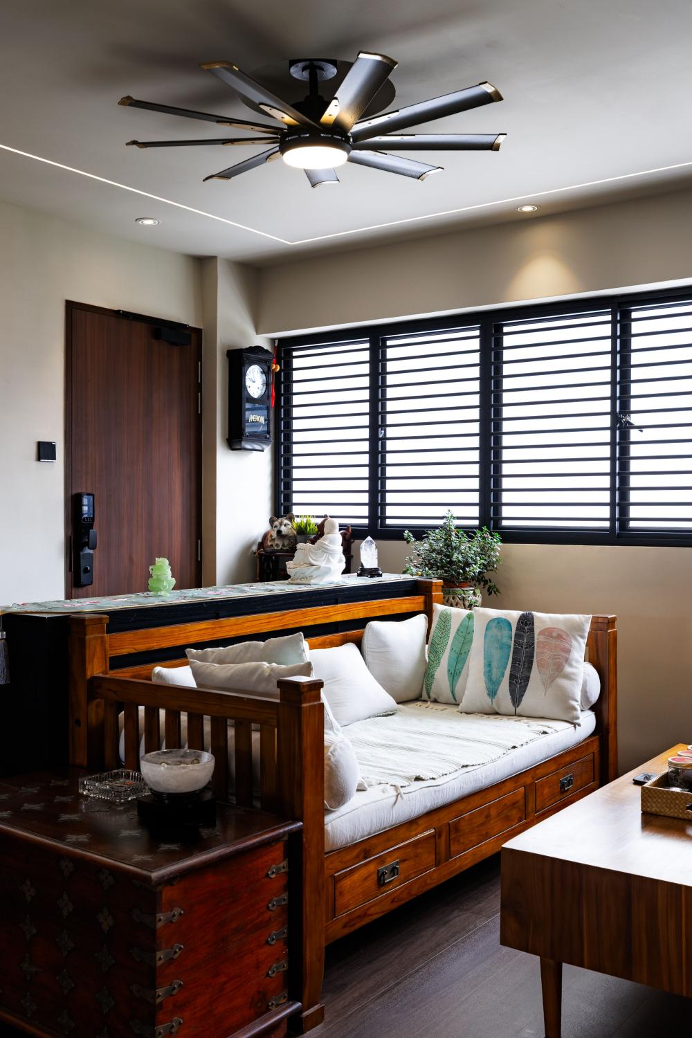 Asian Living Room with Vinyl Flooring and Sofa