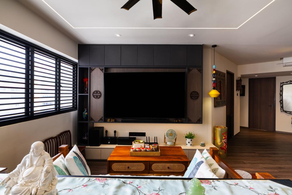 Asian Living Room with Vinyl Flooring and Sofa