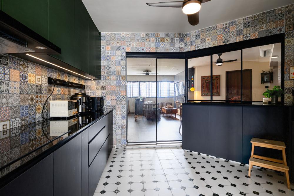 Asian Kitchen with Countertop and Homogeneous Tiles
