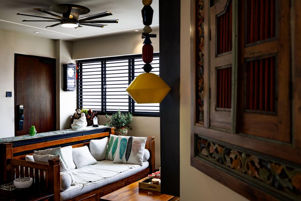Asian Living Room with Feature Wall and Cove Lighting