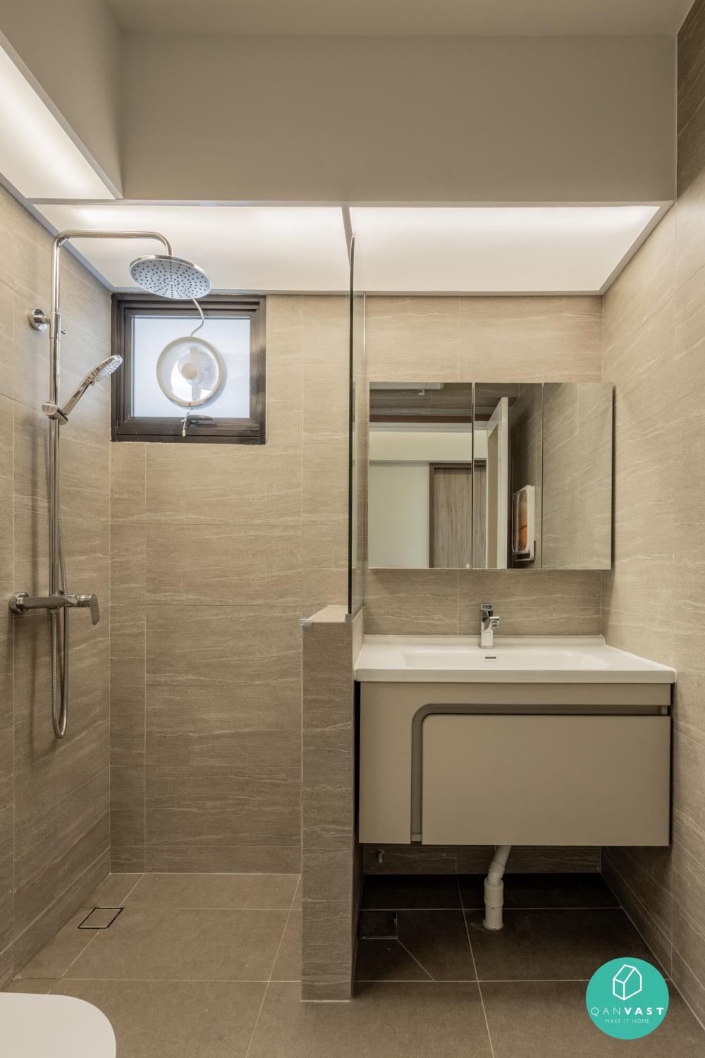 Minimalist Bathroom with Countertop and Homogeneous Tiles