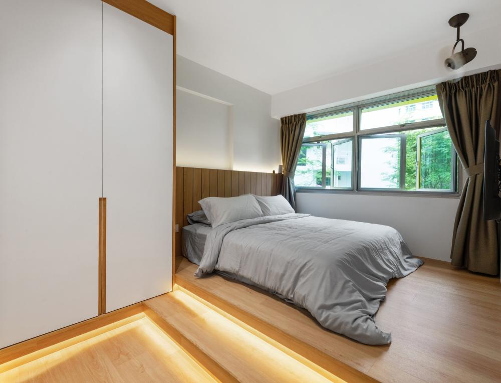 Scandinavian Bedroom with Platform Bed and Vinyl Flooring
