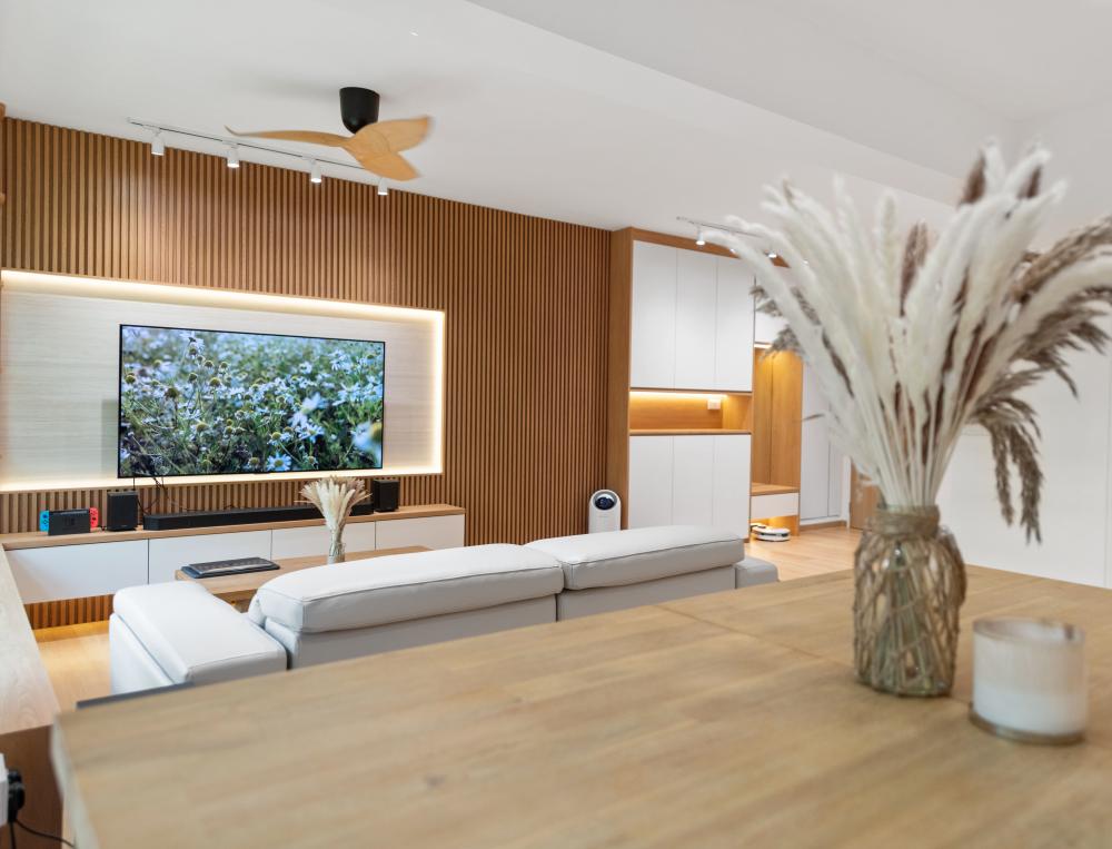 Scandinavian Living Room with Bookshelf and Vinyl Flooring