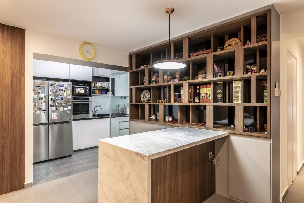 Contemporary Living Room with Countertop and Homogeneous Tiles