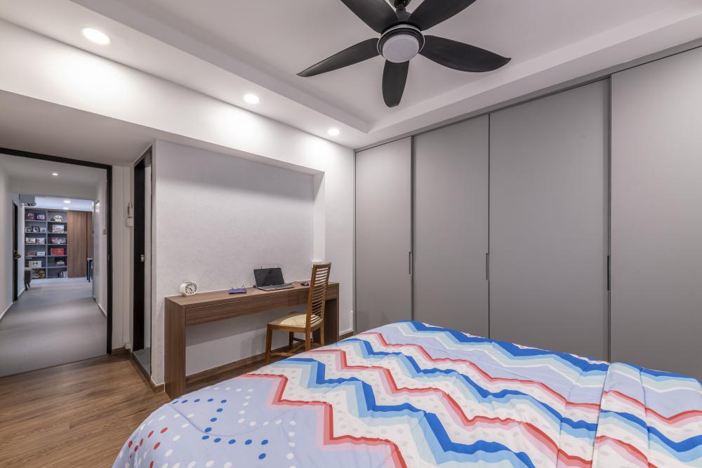 Contemporary Bedroom with Vinyl Flooring and Drop Light