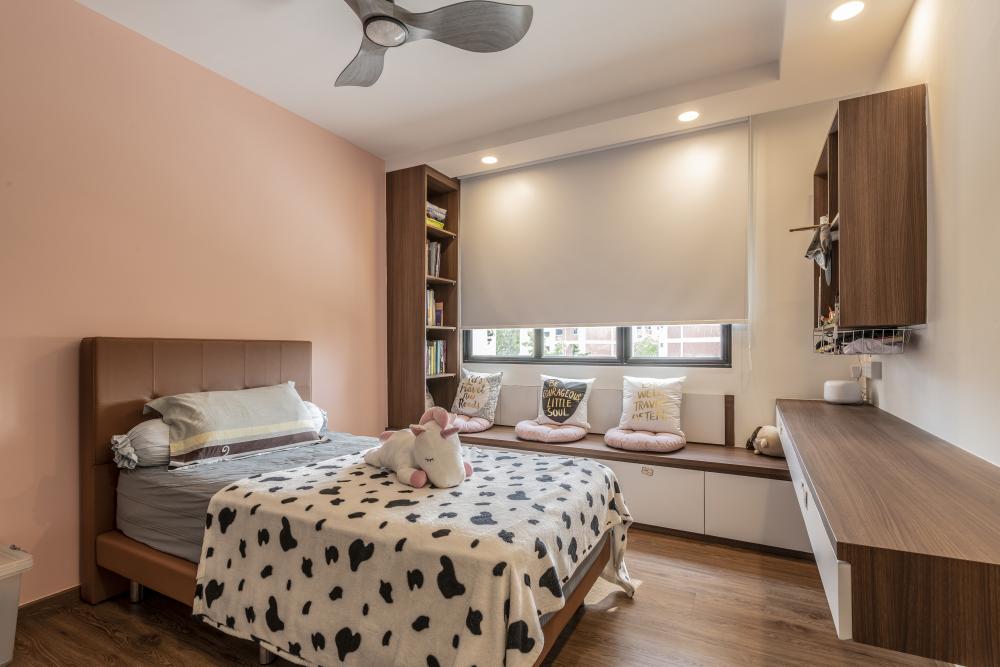 Contemporary Bedroom with Bookshelf and Vinyl Flooring