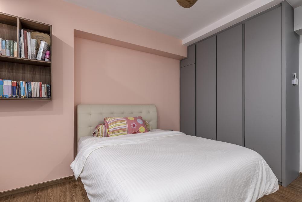 Contemporary Bedroom with Bookshelf and Vinyl Flooring