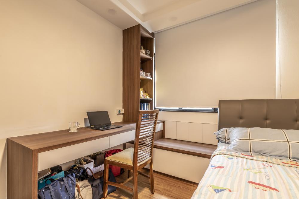 Contemporary Bedroom with Bookshelf and Vinyl Flooring