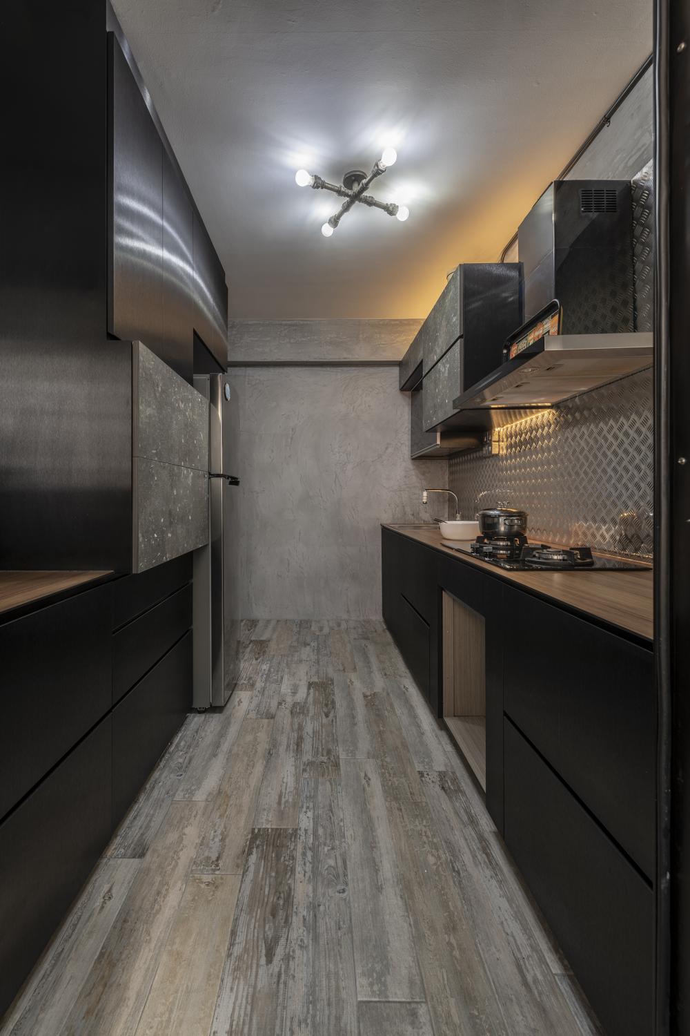 Industrial Kitchen with Countertop and Homogeneous Tiles