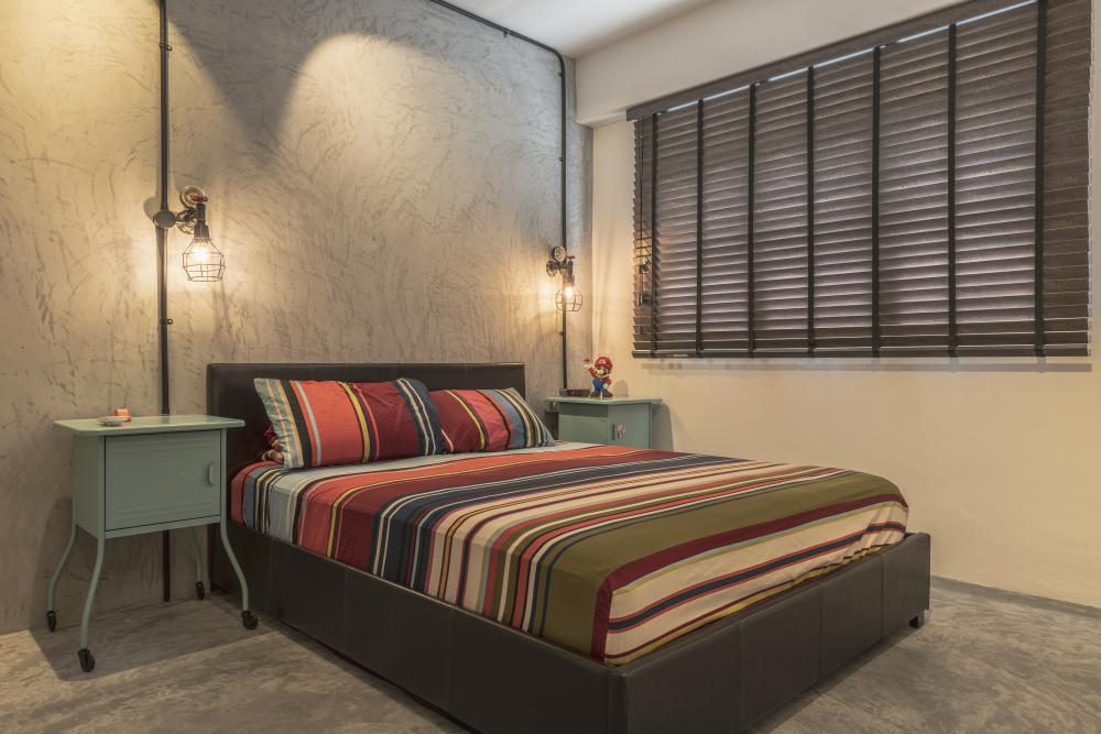 Industrial Bedroom with Cement Floor and Flooring
