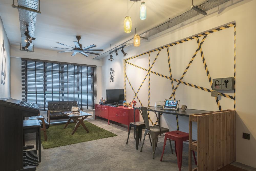 Industrial Living Room with Bookshelf and Vinyl Flooring