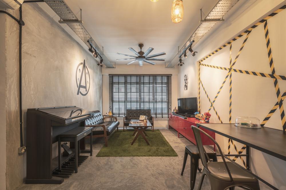 Industrial Living Room with Cement Floor and TV Console