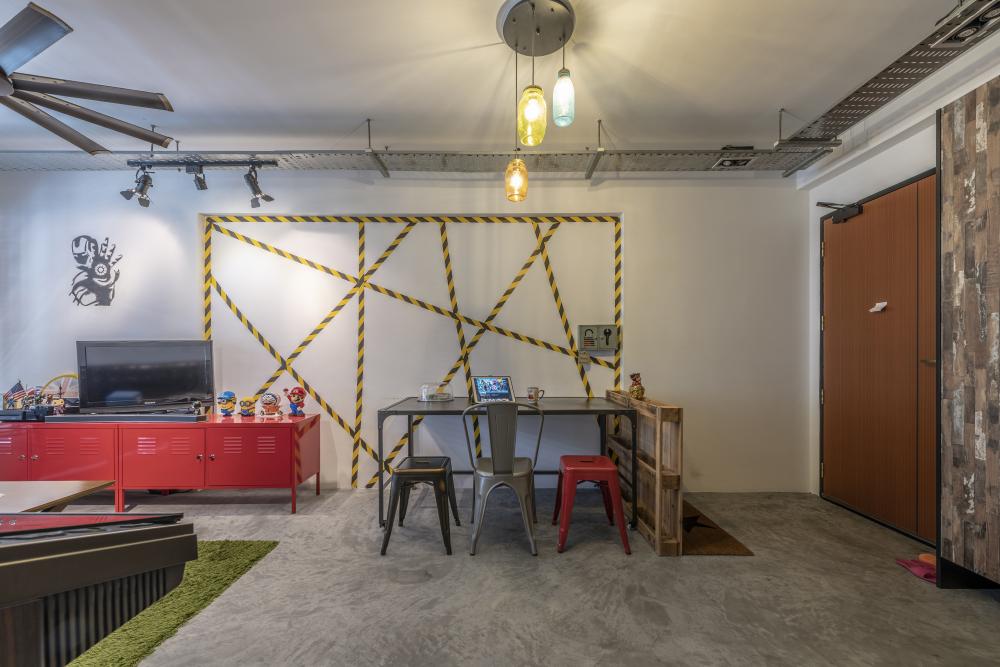 Industrial Living Room with Bookshelf and Settee