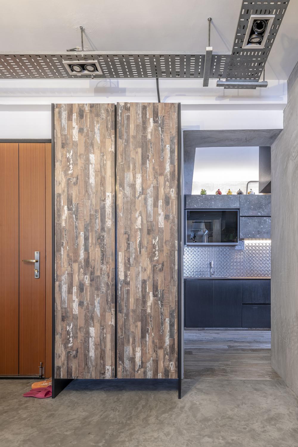 Industrial Foyer with Artwork and Console Table
