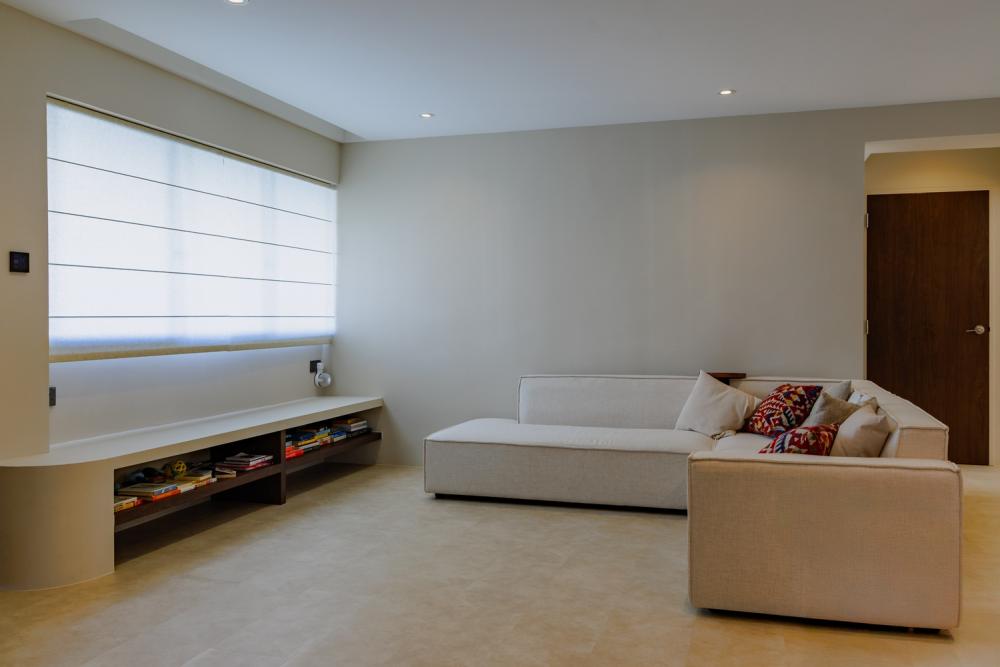 Contemporary Living Room with Bookshelf and Ceiling Light