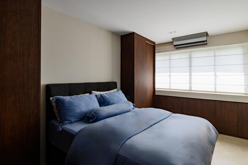 Contemporary Bedroom with Homogeneous Tiles and Blinds