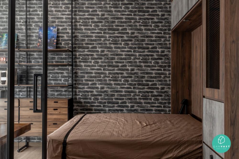 Industrial Bedroom with Glass Door and Built-in Bed