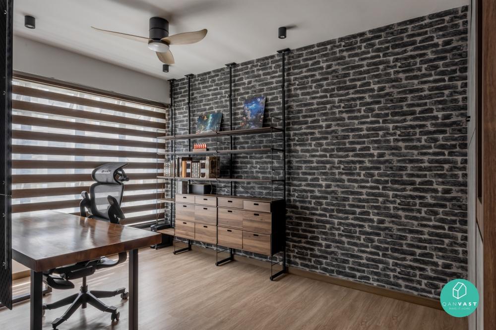Industrial Bedroom with Bookshelf and Wood Flooring