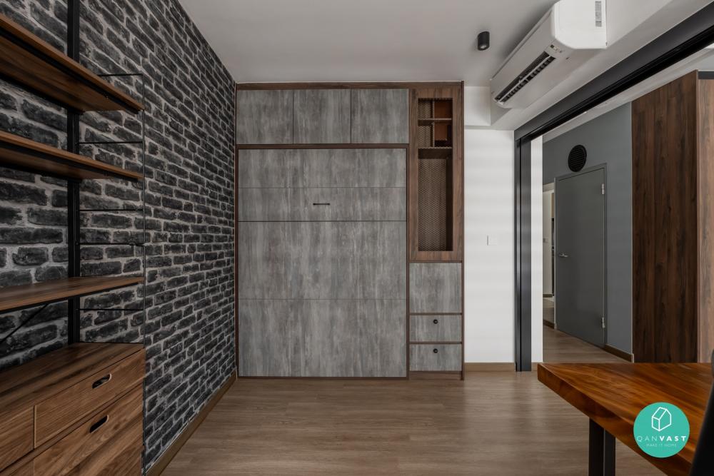 Industrial Bedroom with Vinyl Flooring and Built-in Bed