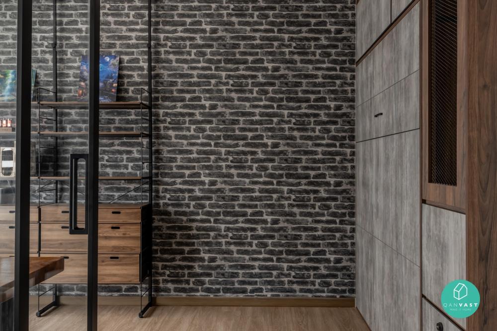 Industrial Bedroom with Vinyl Flooring and Feature Wall