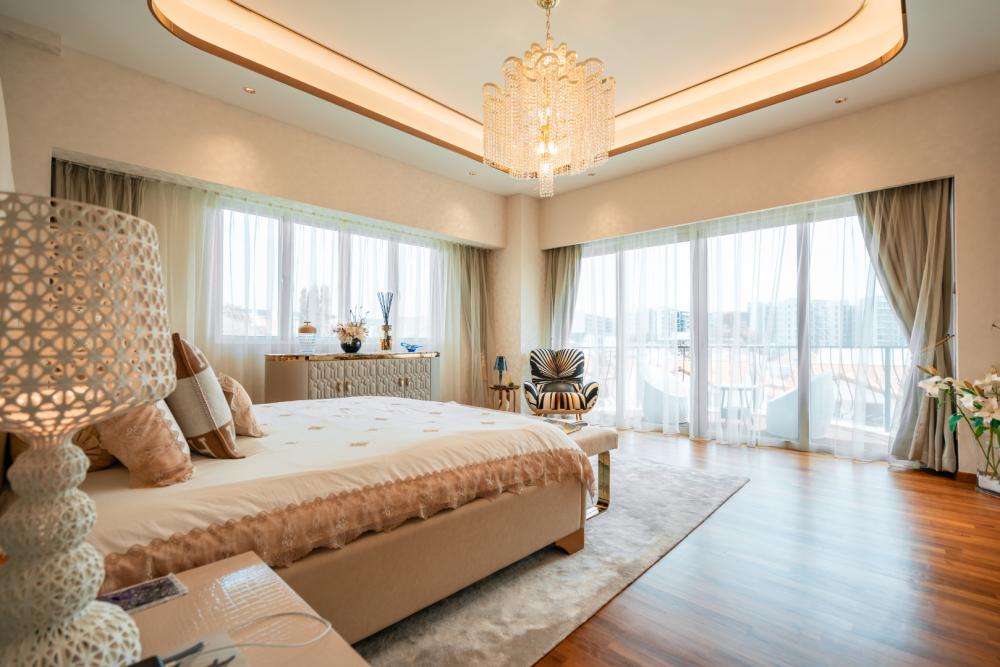 Modern Bedroom with Wood Flooring and Chandelier