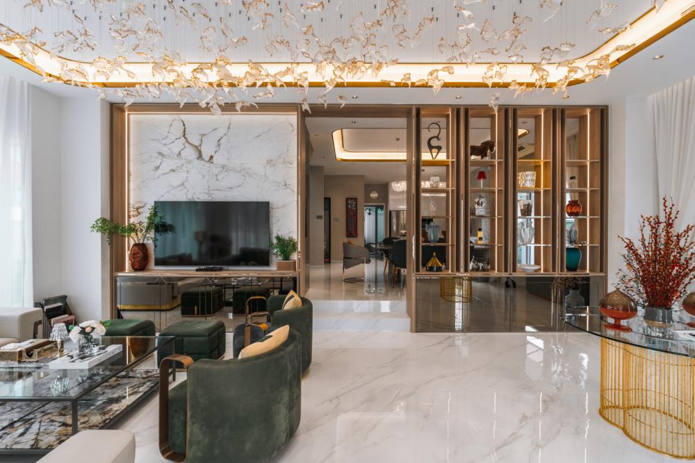 Modern Living Room with Marble Floor and Feature Wall