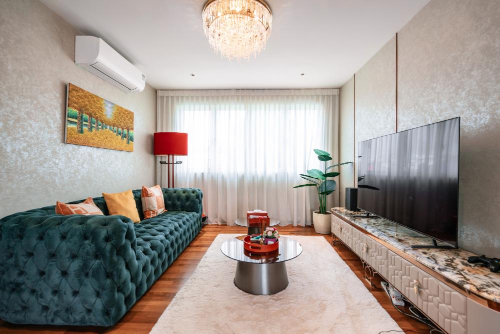 Modern Home Theatre with TV Console and Sofa