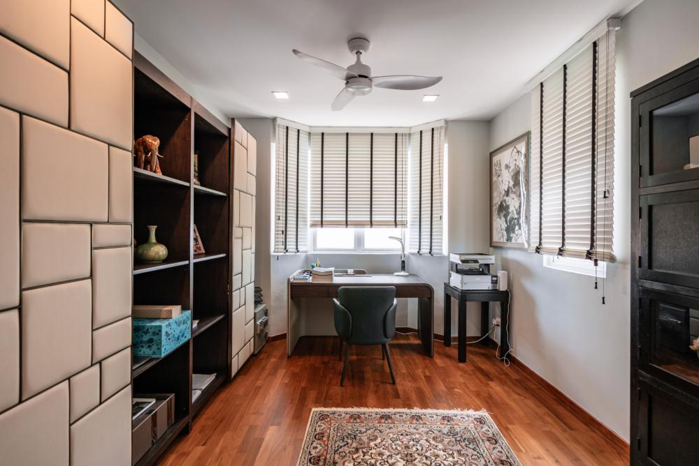 Modern Home Office with Bookshelf and Desk Chairs