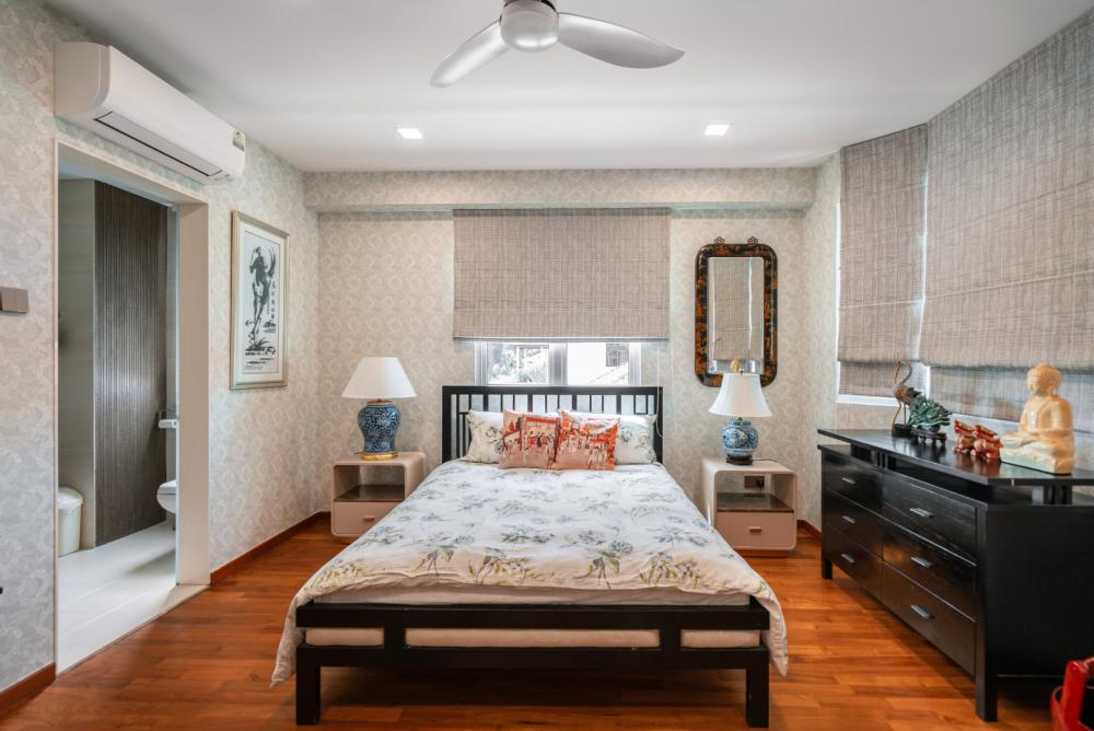 Modern Bedroom with Wood Flooring and Ceiling Light