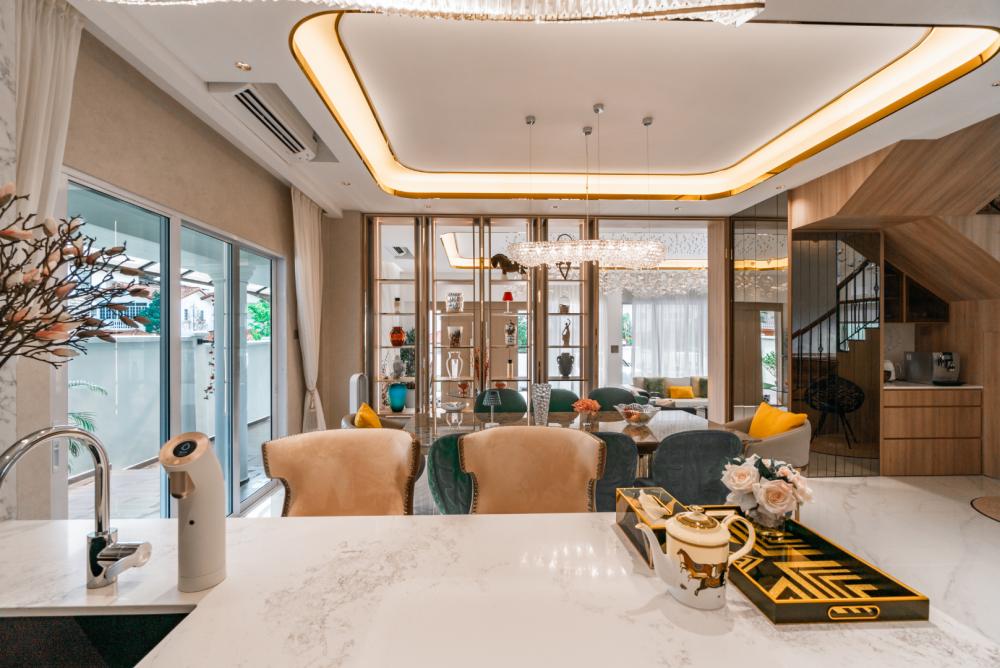 Modern Dining Room with Ceiling Light and Drinkware