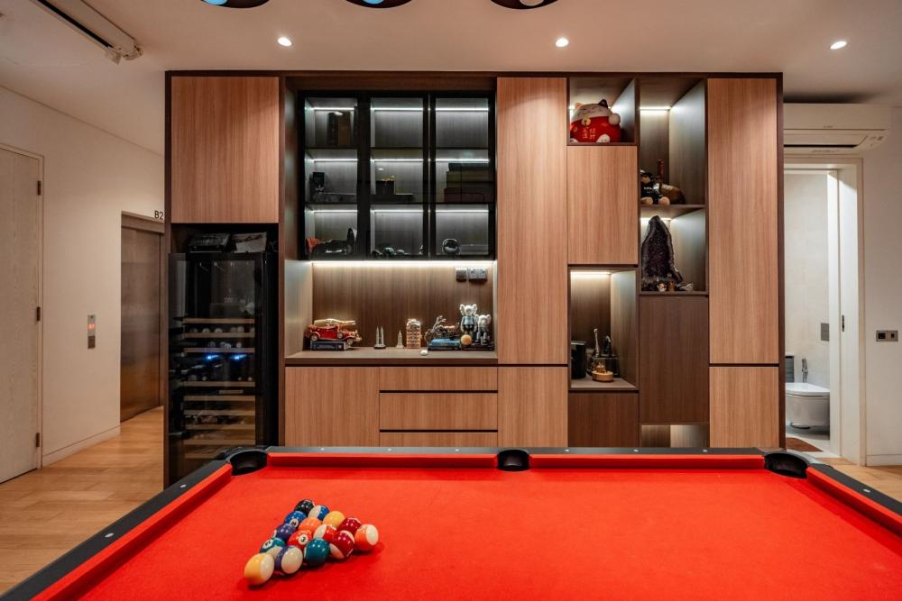 Modern Basement with Storage Cabinets and Shelving Units