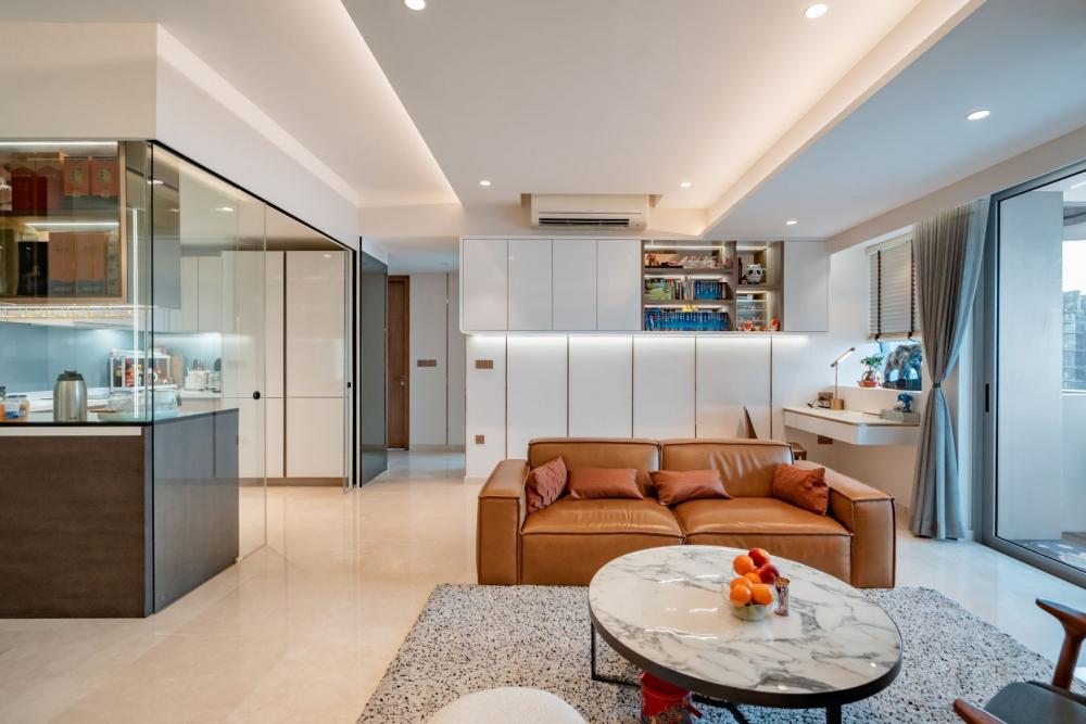 Modern Living Room with Bookshelf and Ceiling Light