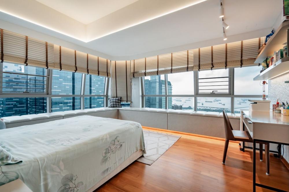 Modern Bedroom with Bay Window and Lighting